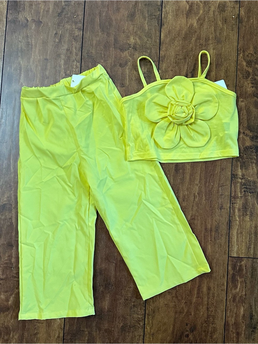 Girls Yellow Floral Appliqué Crop Top & Pants Set